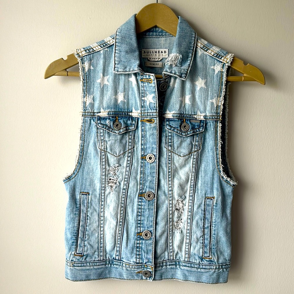 Stars and Stripes Distressed Denim Vest, Light Wash